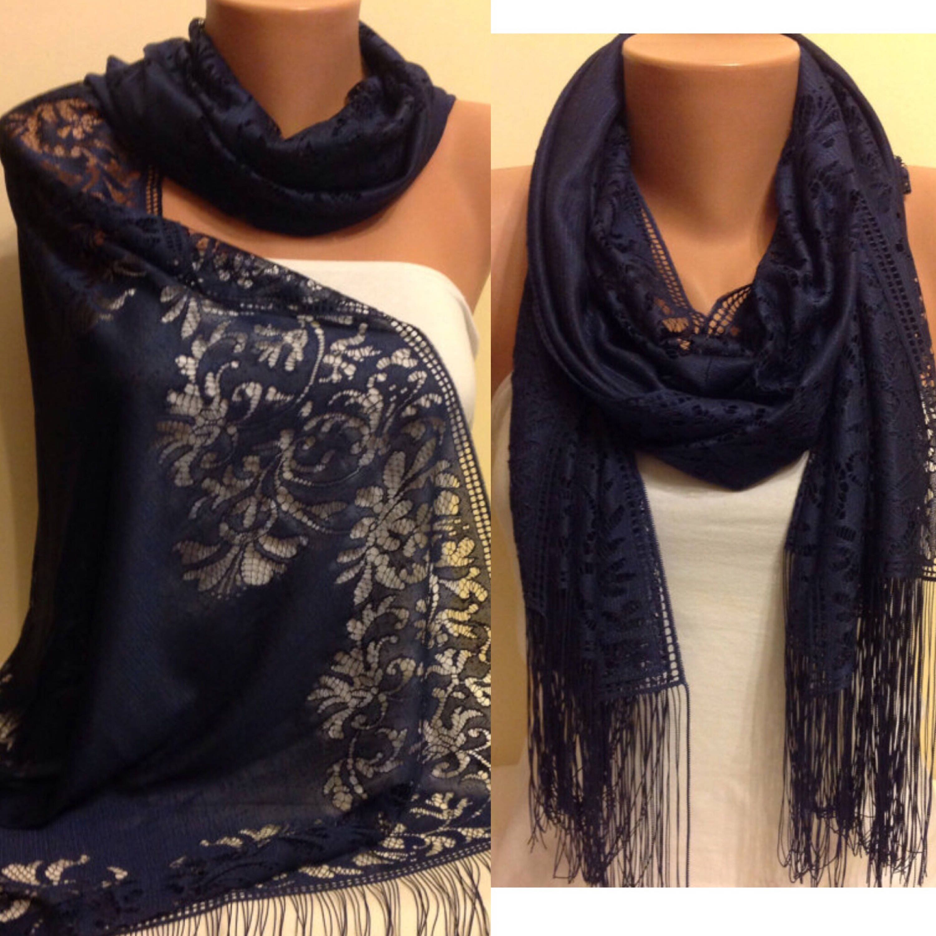 Very Dark Blue Tulle Fringed Scarf Blue Scarf Women Fashion