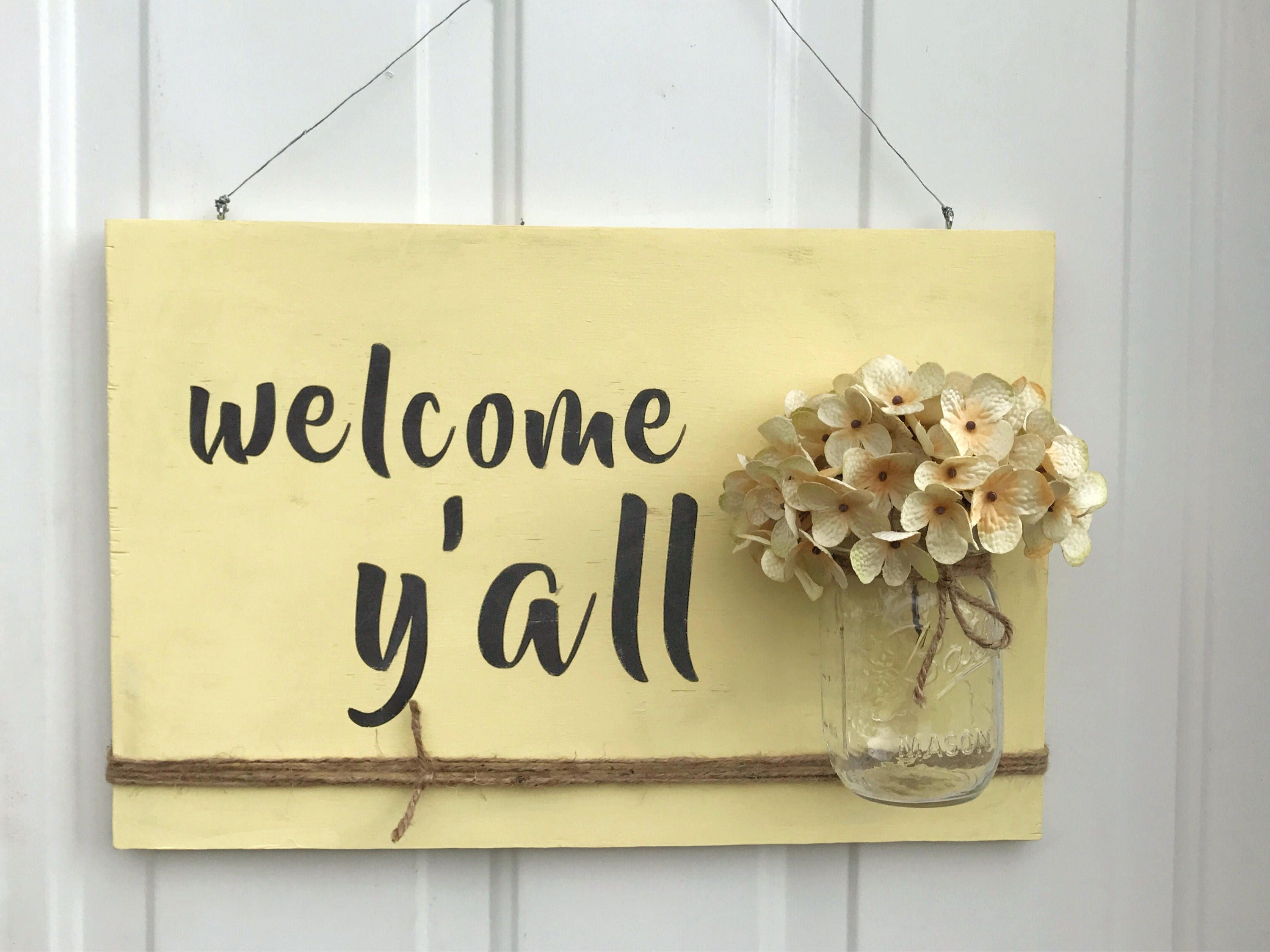 Welcome Y All Sign Mason Jar Wall Decor Rustic Porch