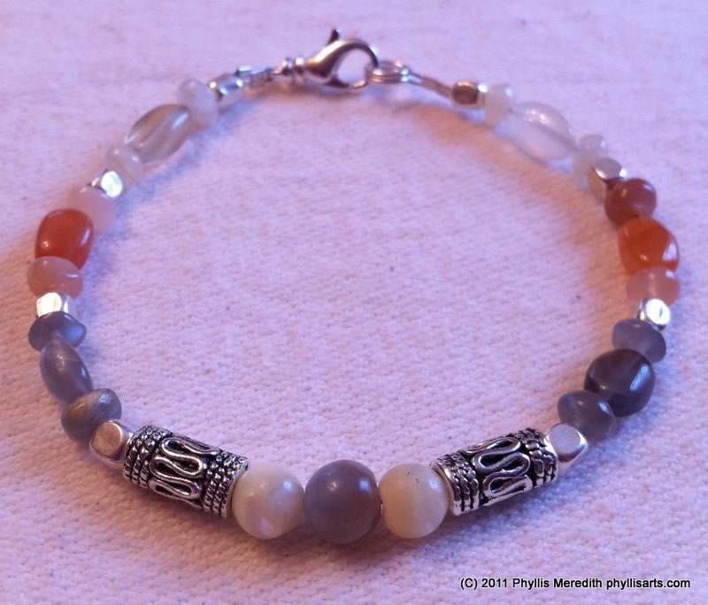 Moonstone and multicolor Moonstone and Antiqued Silver Bali bead bracelet.