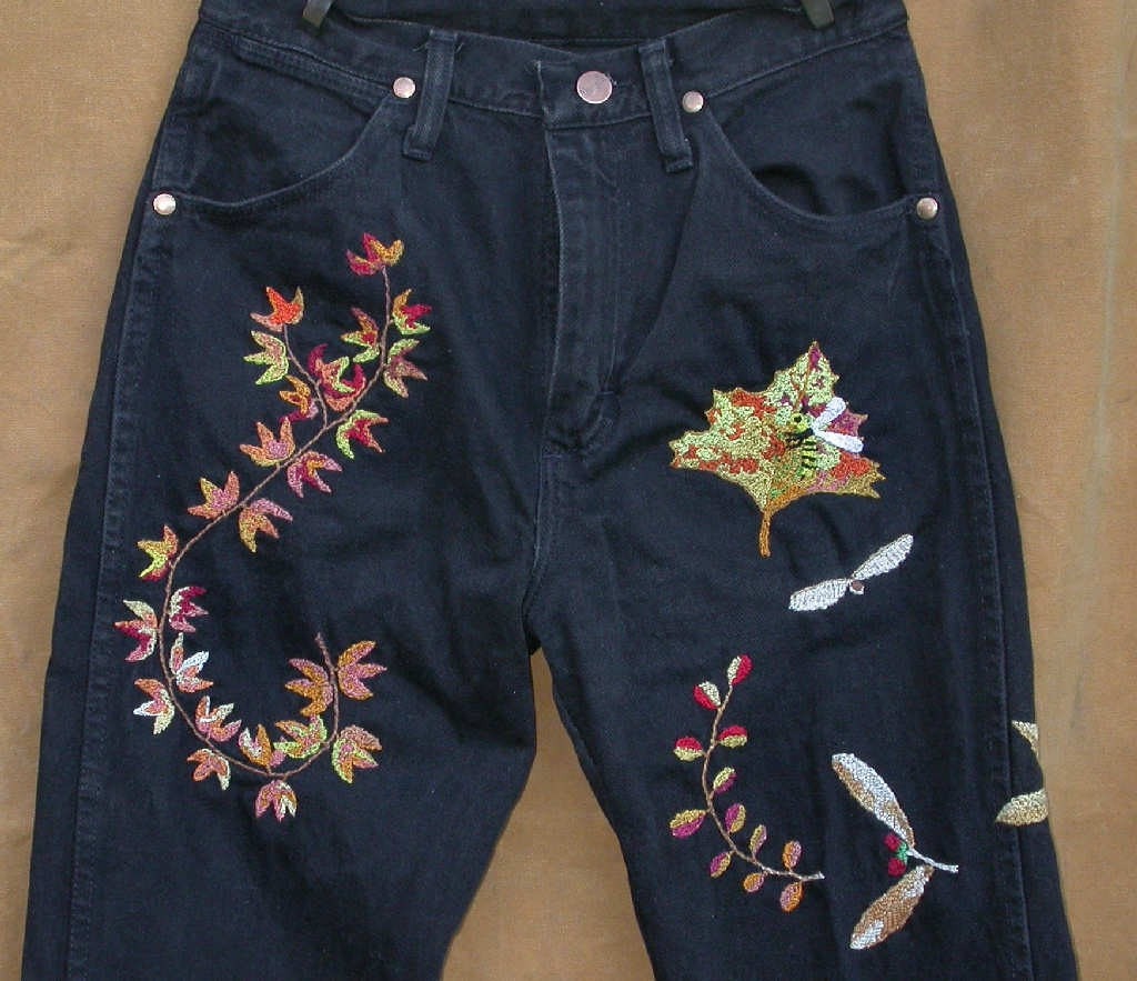 Leaf It Bee hand embroidered Wrangler jeans