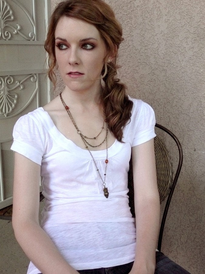 Brass Owl Layered Necklace - The Owl with the Amber Eyes.