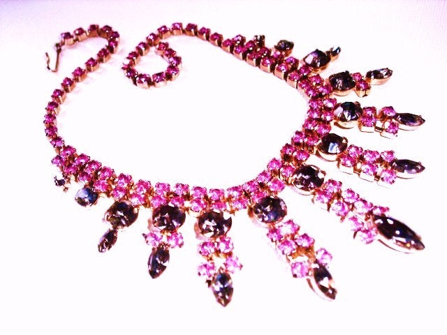 Huge Original Vintage Smokey Gray and Hot Pink Costume Necklace on sale today