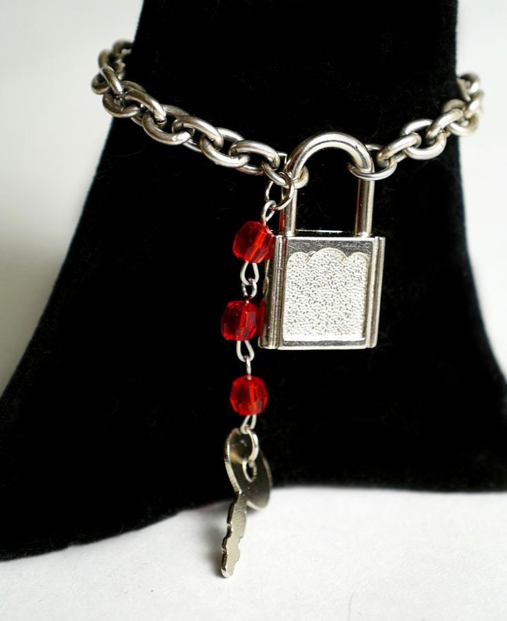 Red Rosary and Metal Chain Lock and Key Bracelet