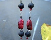 Red Lava, biwa pearl and lava stone earrings