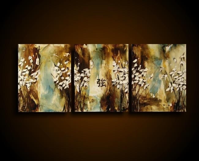 White Blossoms Encaustic Triptych Original Painting Earthy Brown Blue Strength Asian Symbol by Stacy Hollinger