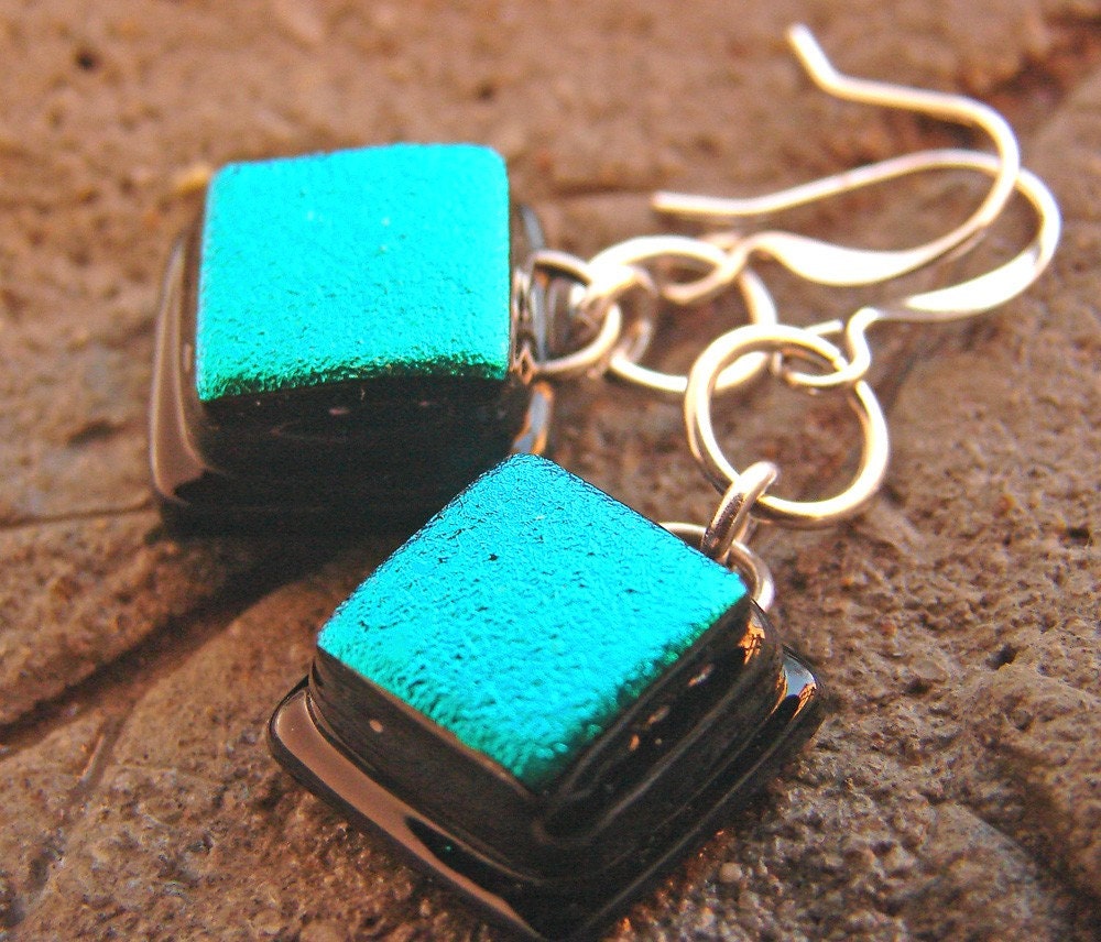 Shimmery green dichroic glass on black drop earrings