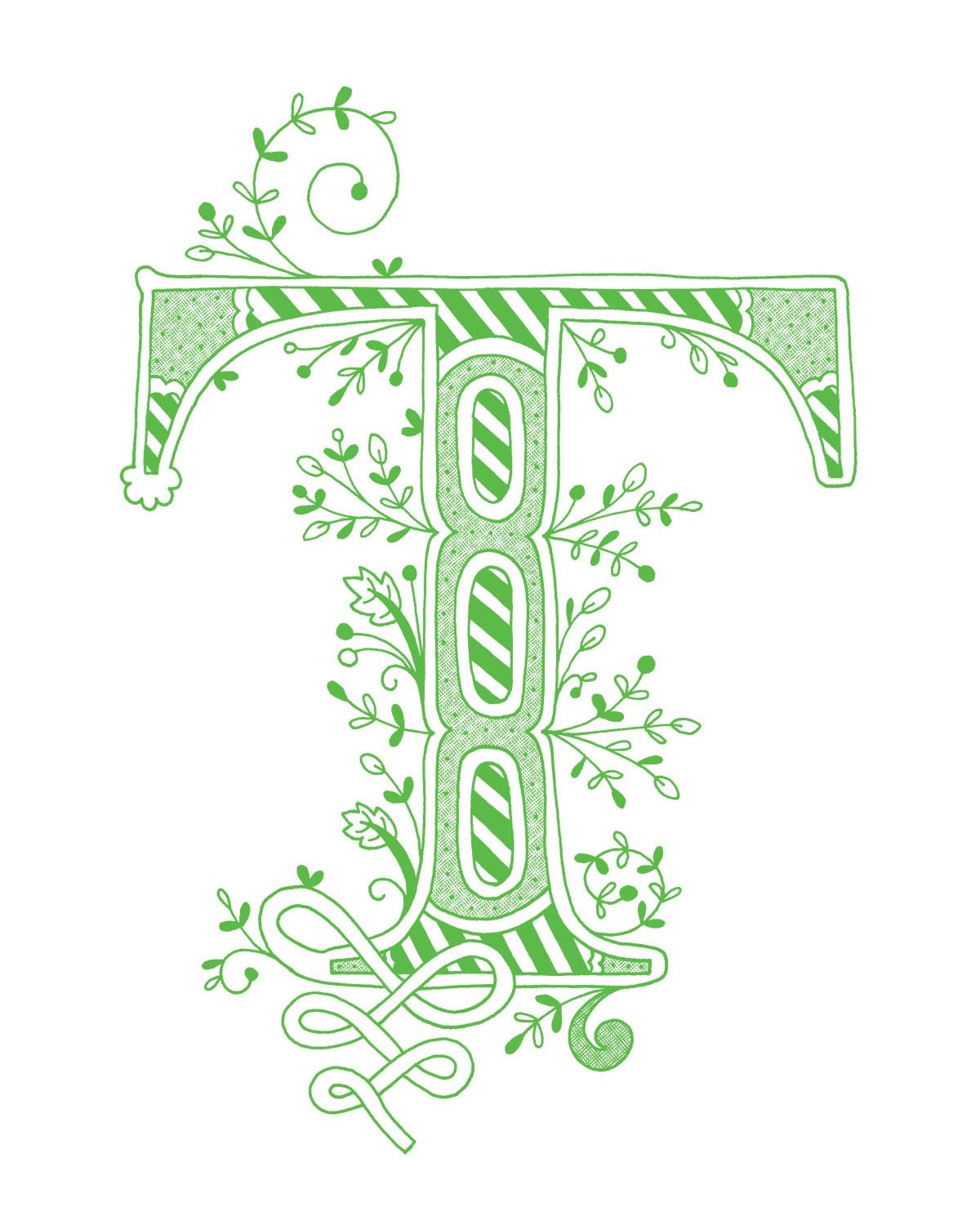 Hand drawn monogrammed print, 8x10, the Letter T, in the color green