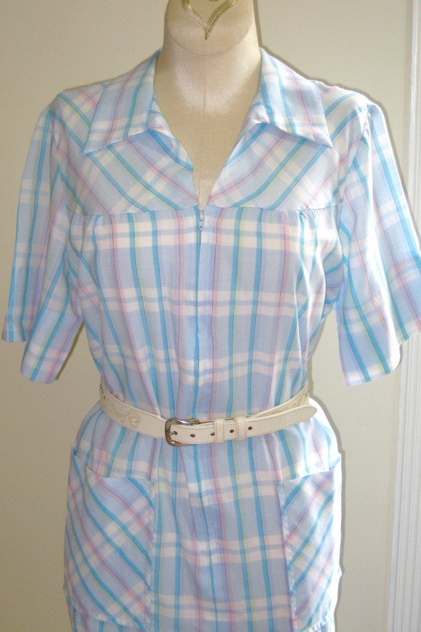 70s Pastel Plaid Day Dress - L