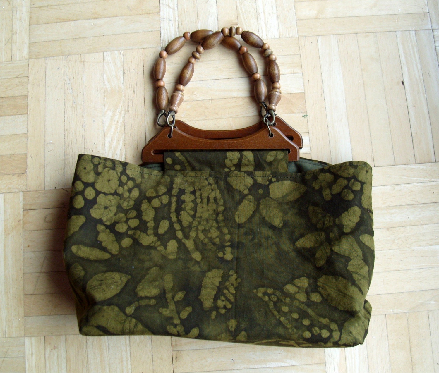 Green Batik Purse with Wooden Handles