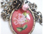 Red Cameo Necklace Red and Pink Rose Cameo Charm Necklace on Brass Chain