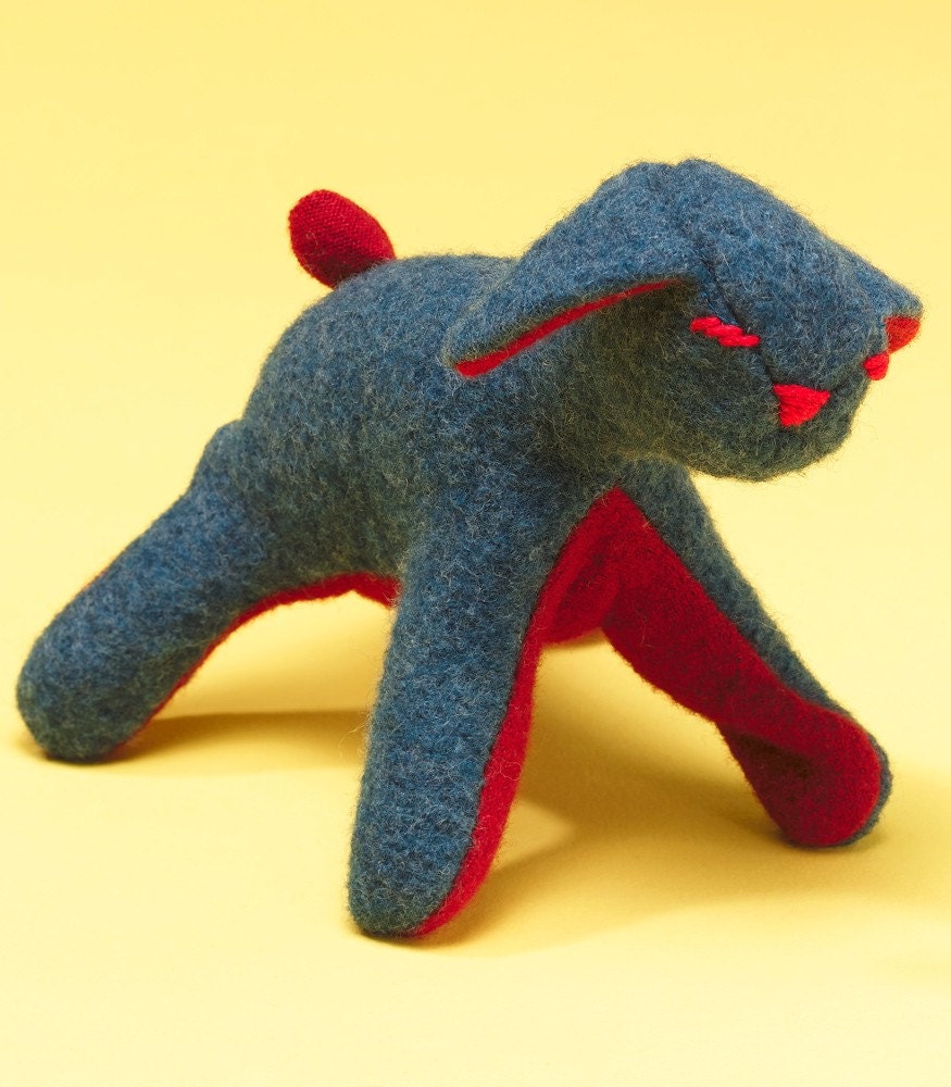 Plush stuffed lamb recycled boiled blue wool, handmade