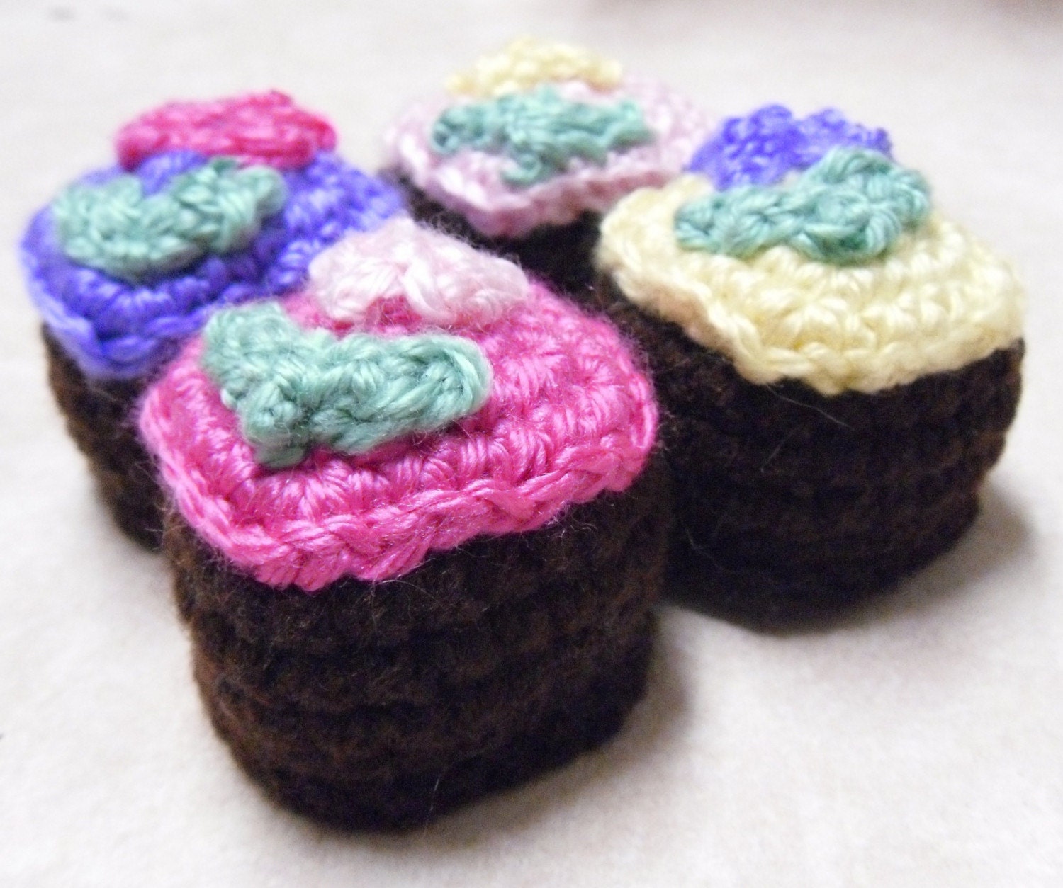 Tea Time crocheted Petit Fours set of 4  for play pretend fun