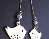Charlotte Lariat Necklace - gold plated chickadee charms, pearls, gold filled