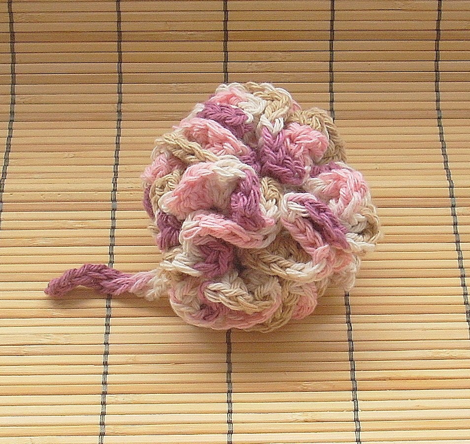 Crochet Cotton Child Bath/Shower Puff - Rosewood - pink, white, and taupe - 113