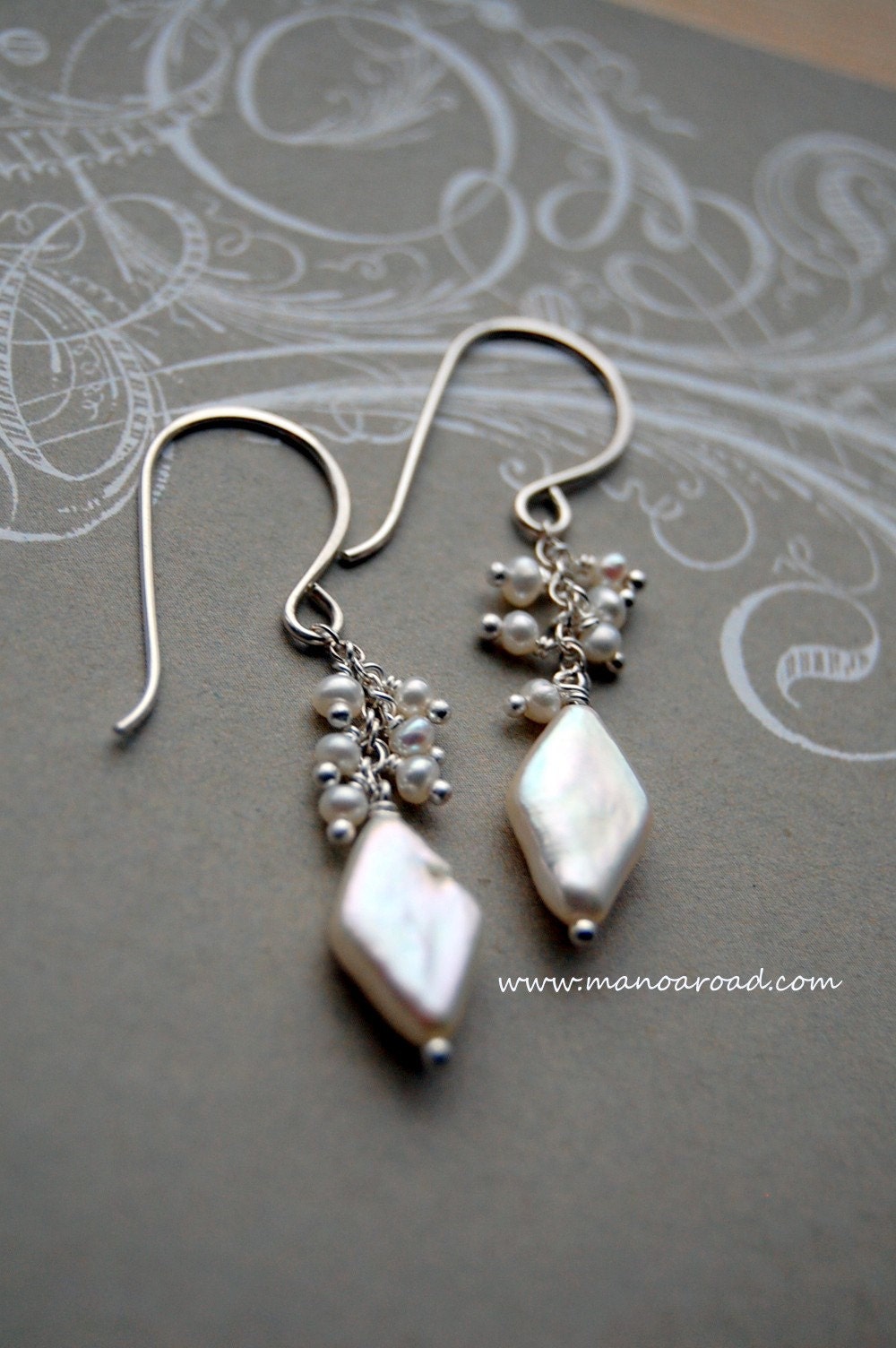 Divine Earrings - Diamond-shaped Freshwater Pearls, Sterling Silver