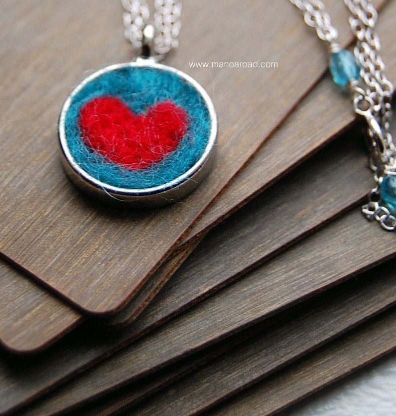 Nested Heart Necklace - Needlefelted Wool, Sterling Silver