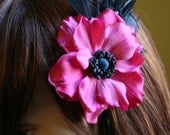 Brooklyn Fuschia Flower and Feather Hair Fascinator