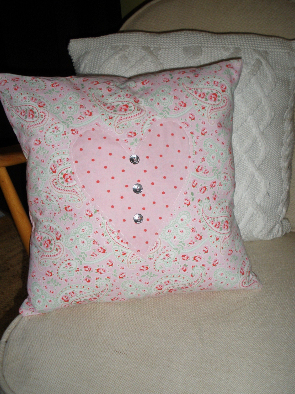 Shabby Chic pillow cushion - pink floral and polka dot cotton lawn heart