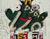 Kiss Me Frog Prince - Recycled Vintage License Plate Art - Salvaged Wood - Upcycled Artwork