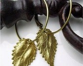 Antiqued Brass Earrings - HOOP and LEAF dangle - GODDESS style - Ready to Ship for Valentines Day
