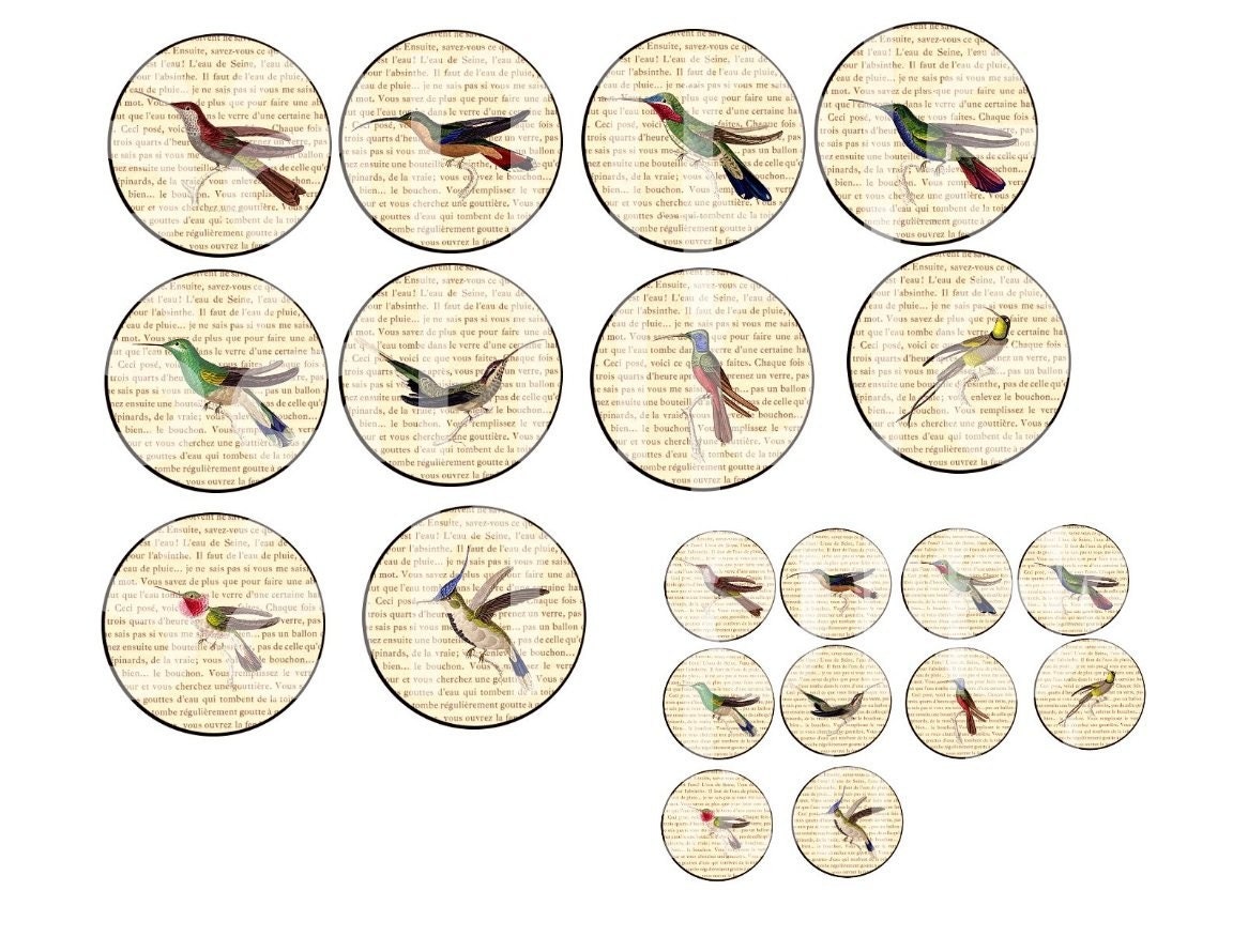 Vintage Hummingbirds on French Text  1 and 2 inch Circles Digital Collage Sheet