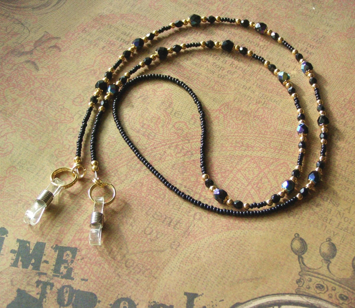 Lanyard Eyeglass Holder with Black Glass and Gold Beads