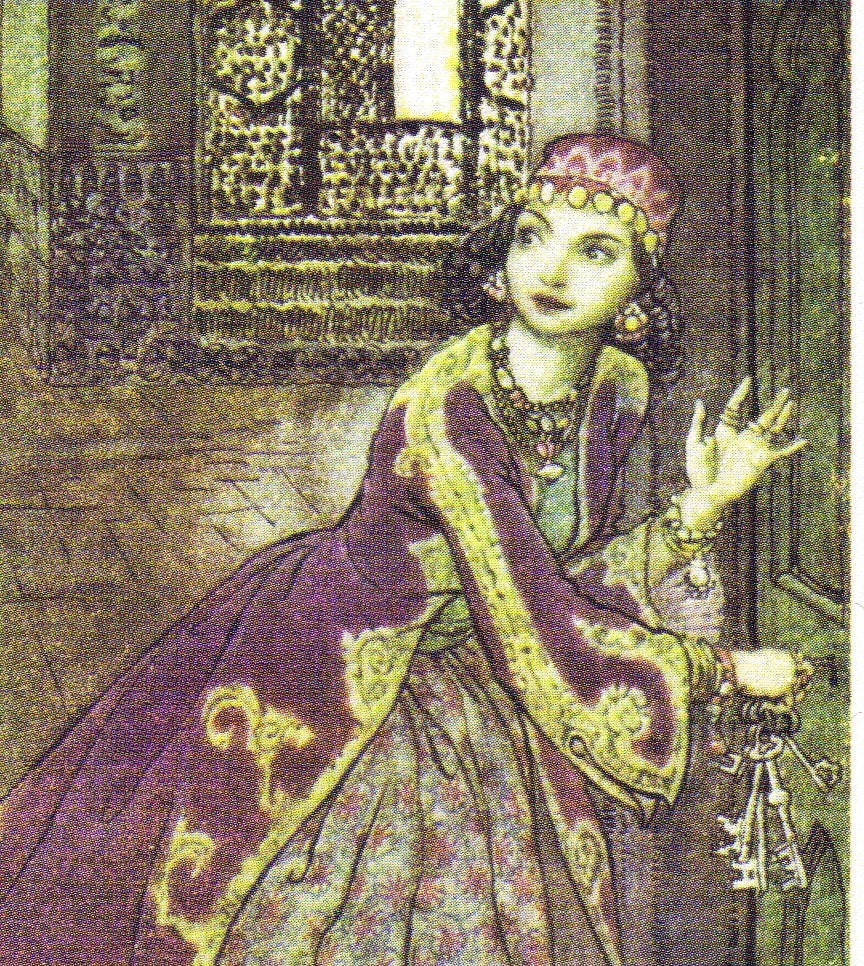 Fairy Book Illustration by Arthur Rackham Vintage Ephemera Green Tiger Press Postcard, Blue Beard