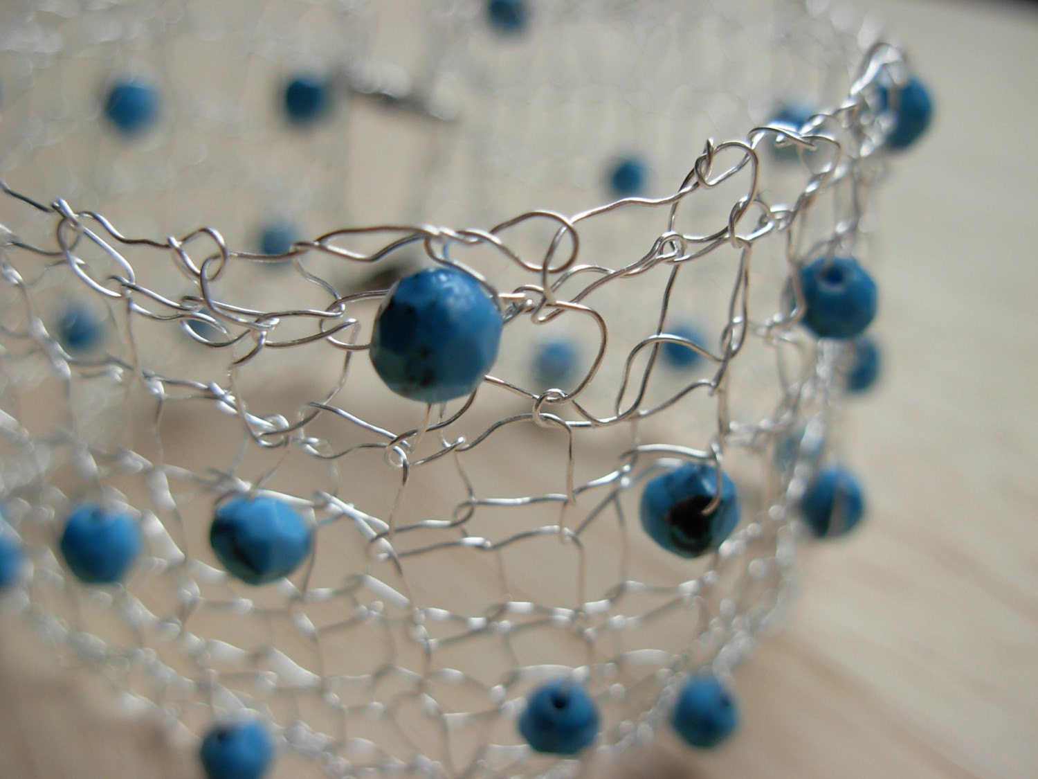 Knitted Silver Bracelet with Reconstructed Turquoise