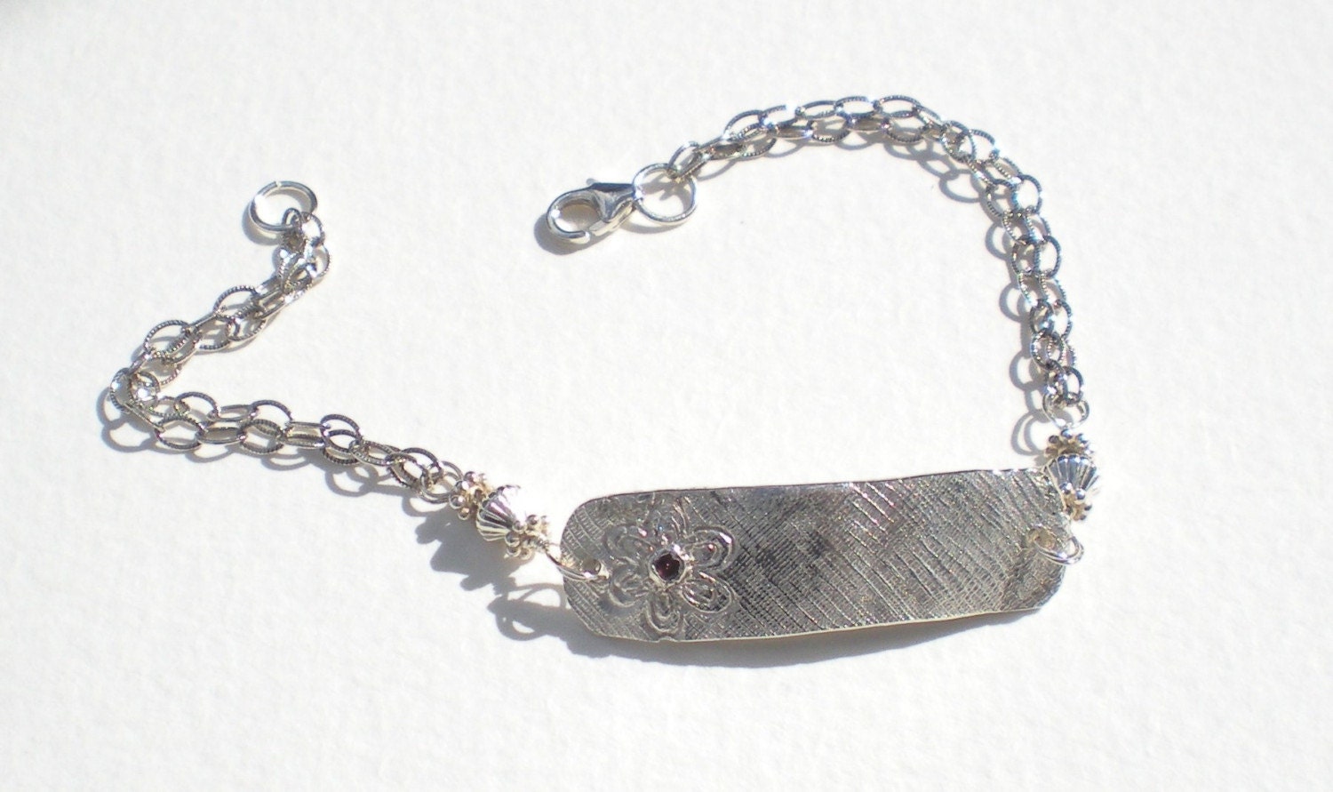 SALE (was 45.00) Flower and Sapphire fine silver ID Bracelet