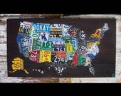 Original United States Map - Recycled License Plate Art - Salvaged Wood - Upcycled Artwork