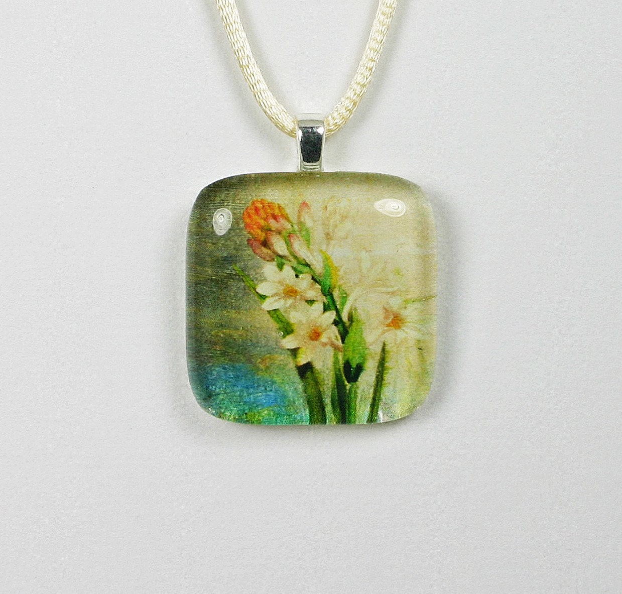 Ivory Hyacinth Square Glass Pendant Necklace (Style 320)