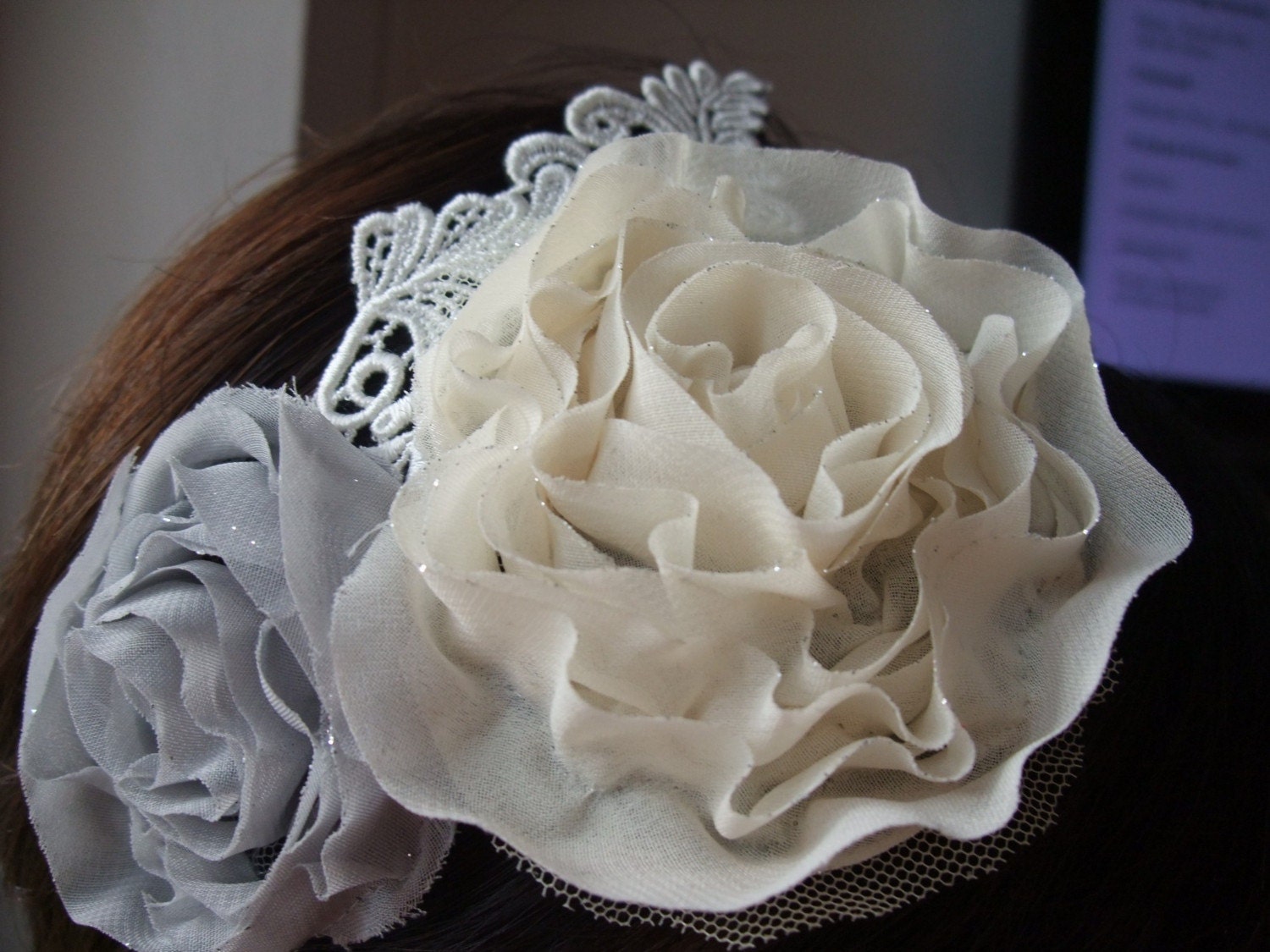 The Lisa, ivory and pearl grey rosettes with silk lace