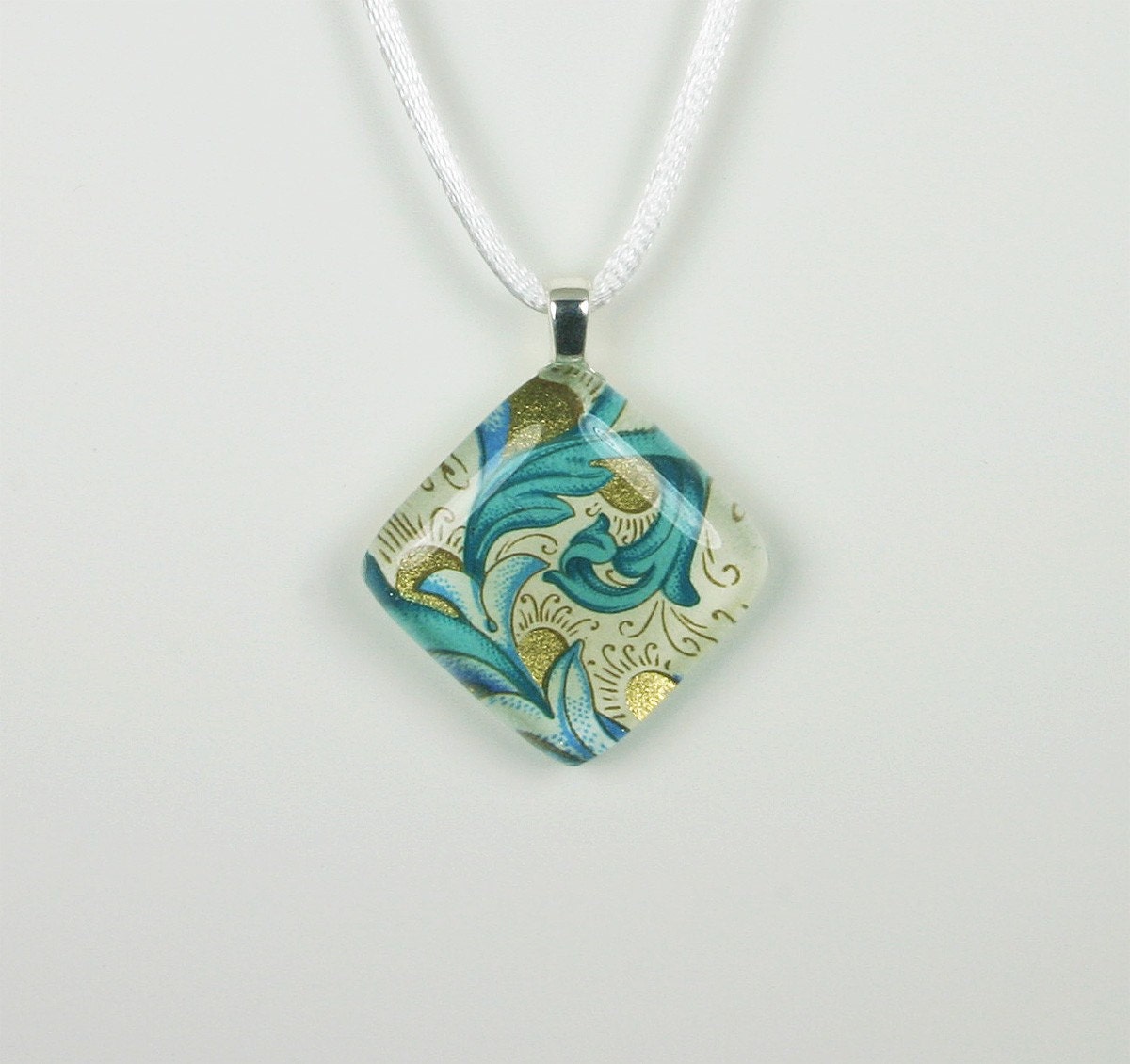 Turquoise Swirls Square Glass Pendant Necklace (Style 325)