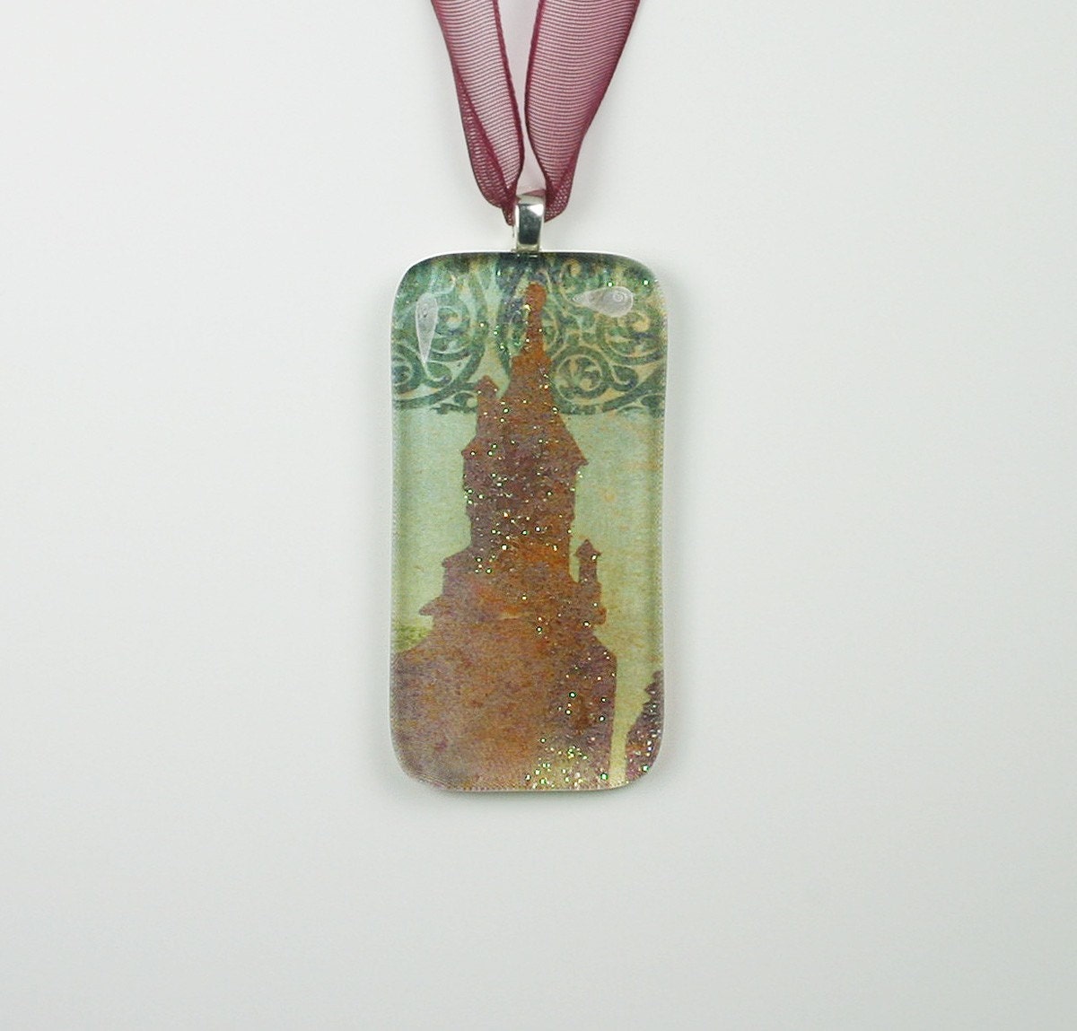 Sparkling Mauve Castle Glass Pendant Necklace (Style 224)