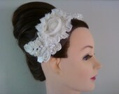 Bridal Pearl Floral chifon Headband Vintage Ivory