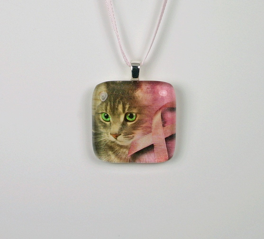 Pink Ribbon and Kitten Square Glass Pendant Necklace (Style 329)