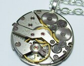 Antique Silver Vintage 21 Jewel Watch Movement  UNISEX Steampunk Neo Victorian Necklace Pendant (A27)