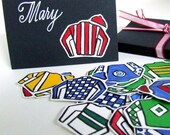 Place Card Kit for 12, Kentucky Derby Party, set includes handmade jockey silk stickers, place cards and white uni-ball Signo Pen