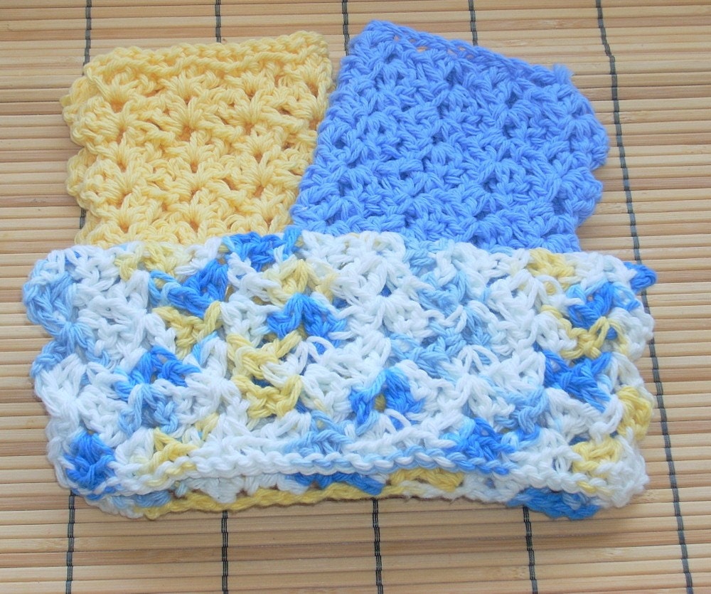 Crochet Cotton Wash/Dish Cloth, Yellow, White, and Blue - 207