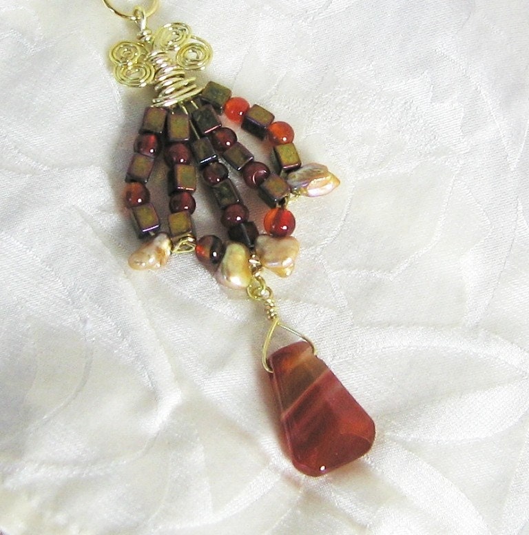 Fire Agate and Champagne Pearls Wire Wrapped Pendant