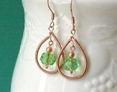 Earrings Wire Wrapped in Copper with Green Glass Bead