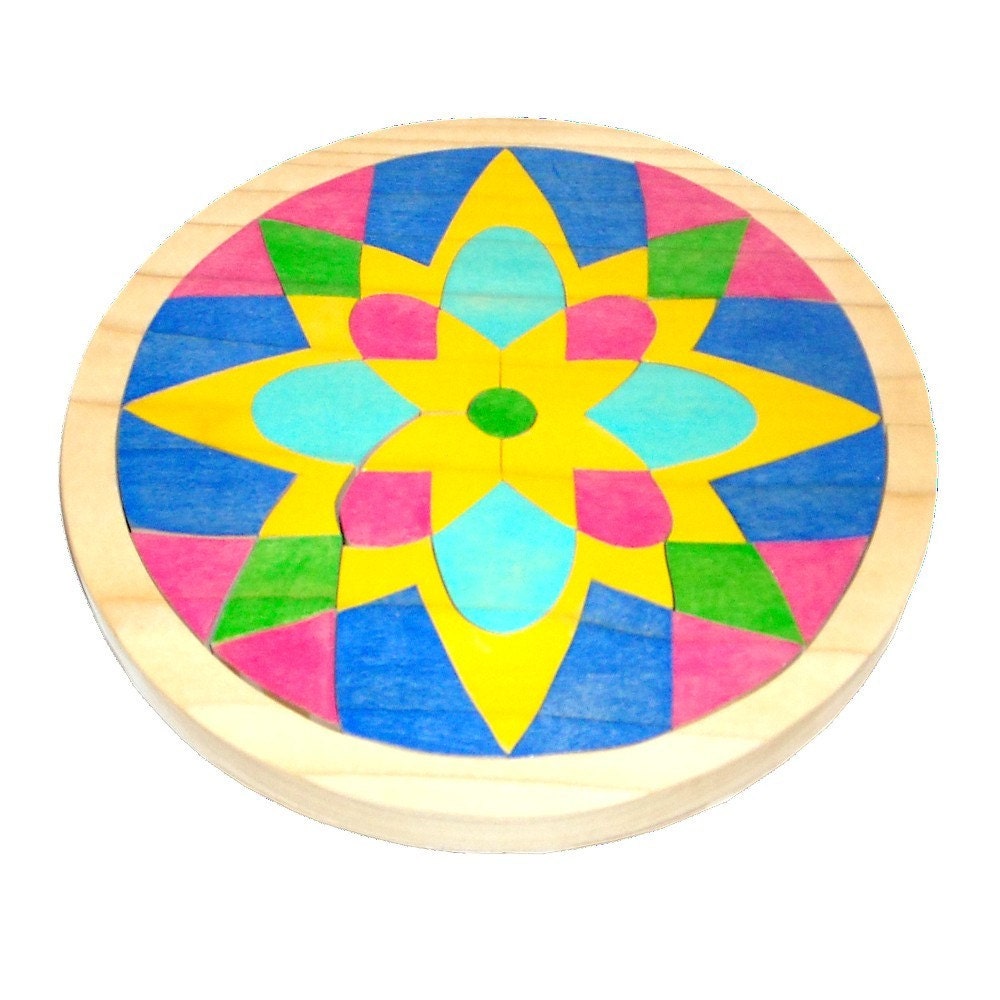 Children's Mosaic Puzzle with Personalized Lid - Waldorf Toy - Wooden Mandala Flower