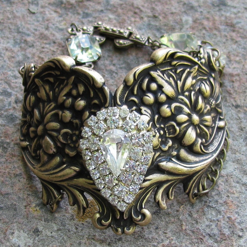 Victorian Crystal Wedding Cuff Bracelet with Antique Rhinestone Jewelry - Crystal Bridal Jewelry