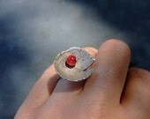 Red Anemone, pure silver ring with coral bead, size 7