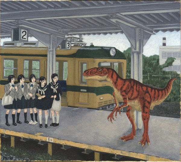 Fukuiraptor on Takefu-shin Station's Platform