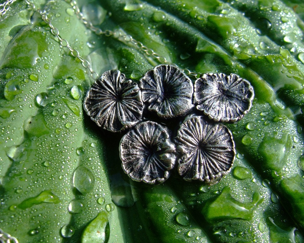 Silver handsculpted mushroom pendant necklace: Little Friends