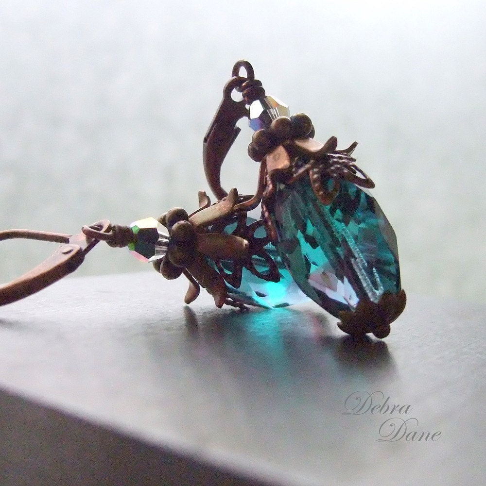 Aquamarine Amethyst Faceted Teardrop Earrings with Copper Peackock Swirls