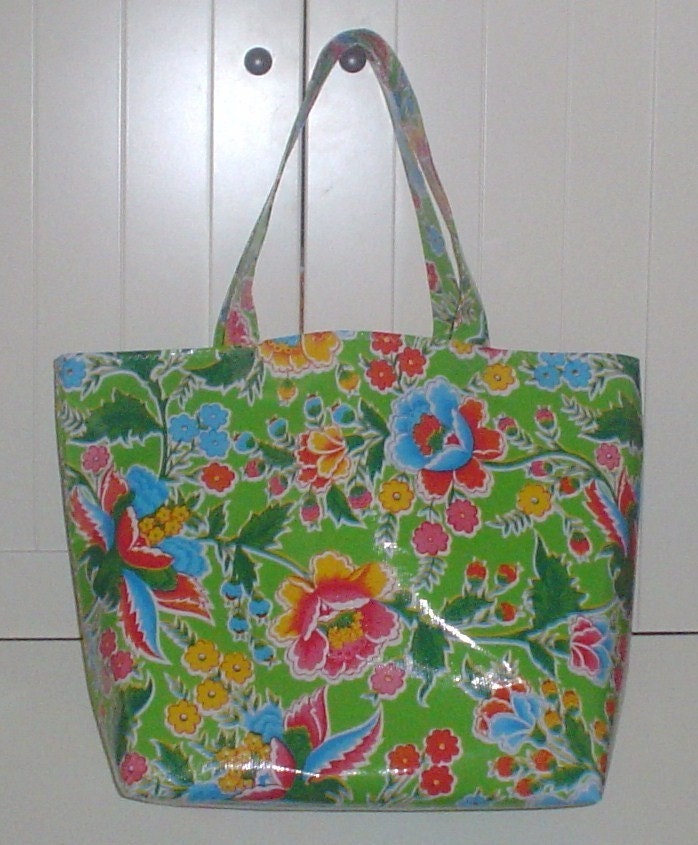 Beth's Big Lime Green Vintage Floral Oilcloth Tote Market Bag