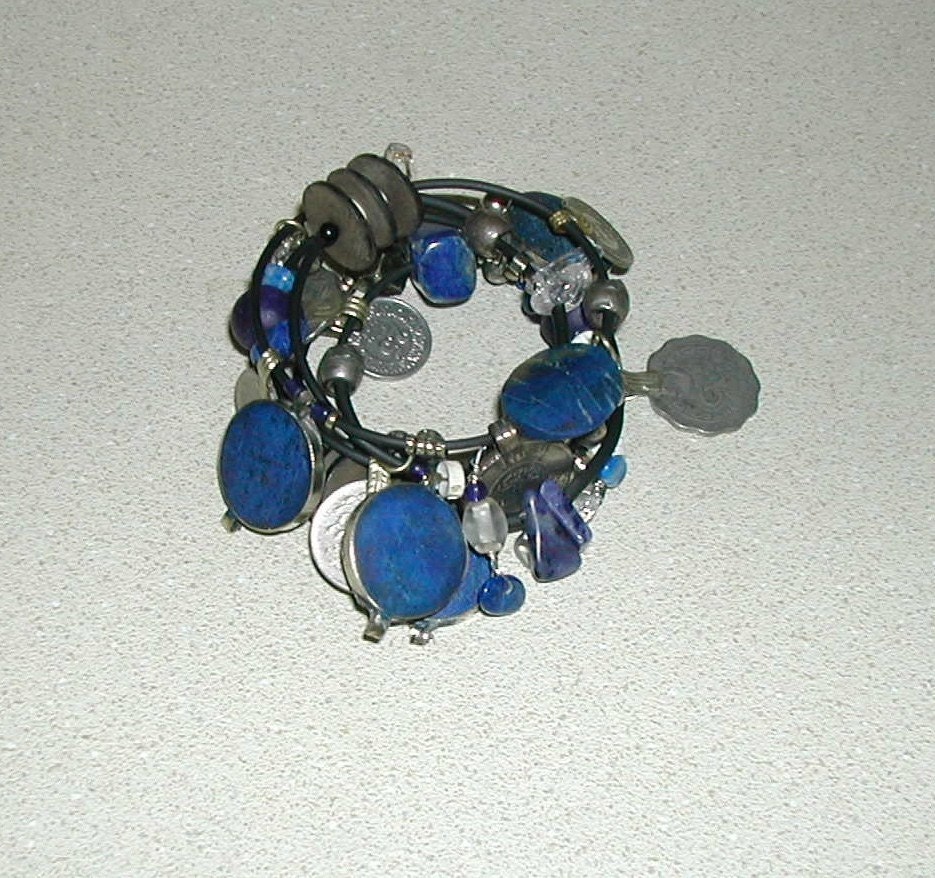 BRACELET - lapis lazuli  and coin  tribal wrap bracelet- recycled repurposed reused