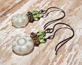 Antique Gold Earrings - White Daisy & Peridot Crystals